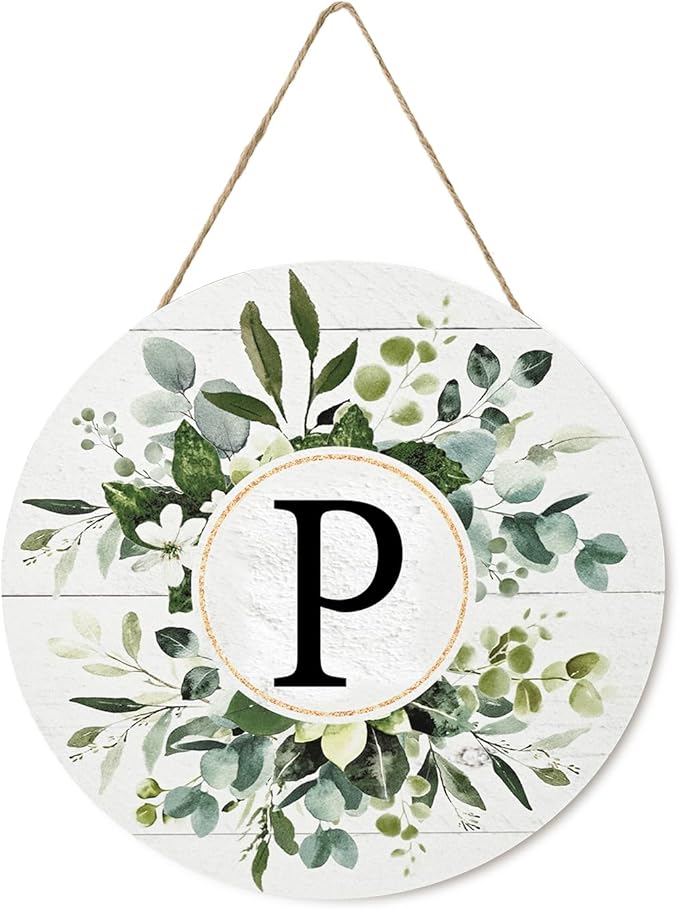 Smile Monogram Letter P Wreaths Wooden Welcome Sign, Family Last Name Initial Front Door Wall Decoration, Floral Spring Summer Porch Rustic Home Kitchen Decor