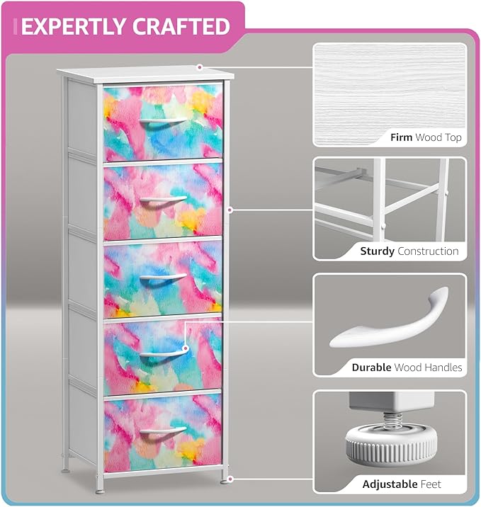 Sorbus Kids Dresser with 5 Drawers - Storage Chest Organizer Nightstand - Steel Frame, Wood Top, Tie-Dye Fabric Bins for Clothes - Wide Furniture for Bedroom, Hallway, Nursery, Closet, & Apartment