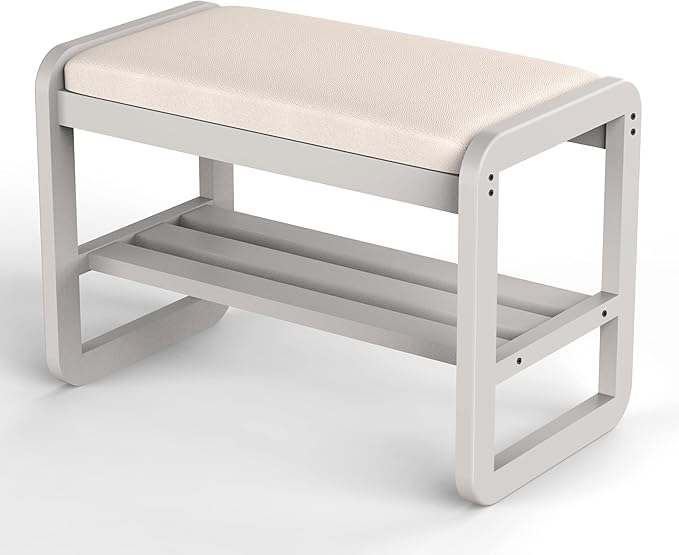 Solid Wood Shoe Rack, 2 Tier Shoe Storage Bench with Cushion Seat, 6 Pair Shoe Organizer for Entryway, Small, White, 24 Inch
