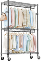IZEUK Heavy Duty Rolling Garment Rack with 3 Adjustable Wire Shelves, Hanging Rod & Side Hooks - Extra Large Mobile Clothes Rack with Wheels, 47.2" W x 17.7" D x 83.6" H, Black