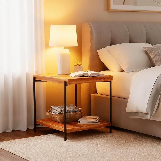 CONSDAN StoneCreek Solid Fir Wood Side Table - Metal Frame, 2-Tier End Table for Living Room/Bedroom/Office, 23" Square Night Stand, Accent Table