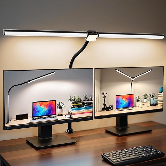 LED Desk Lamp for Home Office,Eye-Caring Desk Light with Reduced Blue Spectrum, Dual Screen Computer Monitor Table Light,30 Lighting Models,Adjustable Flexible Gooseneck Desk Lamp for Study