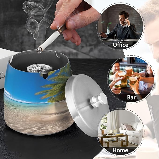 Hawaii Beach Sea Ashtray with Lid, Outdoor Ashtrays for Patio, Stainless Steel Ashtray Odorless Smokeless for Home Office Balcony