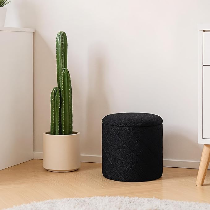 13" Foldable Boucle Round Storage Ottoman,Space-Saving Footrest/Seating/Coffee Table for Small Apartments,Dorms & Bedrooms-Black