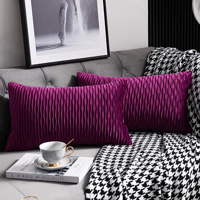 12x20 Purple Throw Pillow Cases: 2 Pack Original Striped Velvet Rectangular Decorative Pillow Covers for Farmhouse Couch