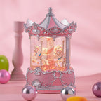 Snow Globe Lantern with Carousel–Shatterproof 8 Songs Musical Box Automatic Snowfall Led Light, USB&Battery Powered,Merry-Go-Round for Valentine’s Day Gift Present Birthday Home Decoration,Silver&Pink