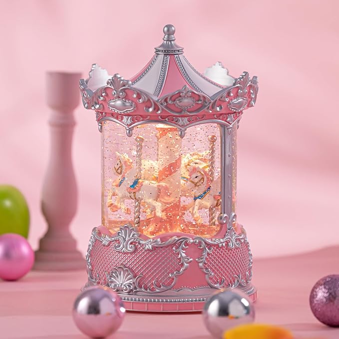 Snow Globe Lantern with Carousel–Shatterproof 8 Songs Musical Box Automatic Snowfall Led Light, USB&Battery Powered,Merry-Go-Round for Valentine’s Day Gift Present Birthday Home Decoration,Silver&Pink