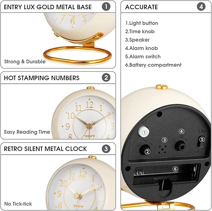 Metal Desk Clock, Retro Bedroom Table Vintage Analog Alarm Clock, Silent Non-Ticking Gold Clock, Bedside Décor(Milk White)