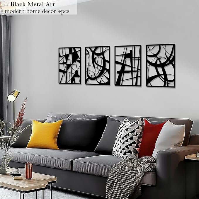 TENTENRI Black Metal Abstract Wall Art 4 Pack Minimalist Décor Line Art Wall Décor for Living Room Bedroom Office Decor