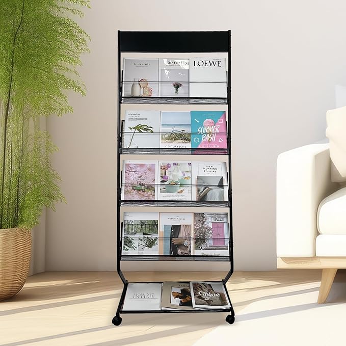 Tongmo Floor-Standing Magazine Rack 4-Layer with Wheels, Brochure Display Stand, High-hardness metal for Office,Exhibitions, and Any Organization Requiring Information Display (black)
