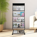 Tongmo Floor-Standing Magazine Rack 4-Layer with Wheels, Brochure Display Stand, High-hardness metal for Office,Exhibitions, and Any Organization Requiring Information Display (black)