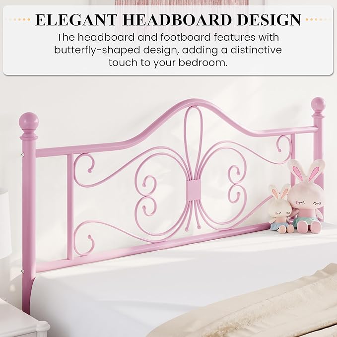 SHA CERLIN Full Size Bed Frame for Kids,Metal Bed Frame with Butterfly Pattern Design Headboard and Footboard,No Box Spring Needed,Easy Assembly,Pink