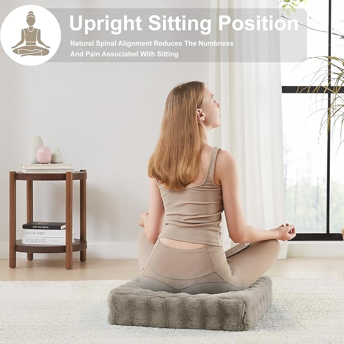 22 inches Floor Pillow for Adults - Large Meditation Cushion with Thick Foam & Soft Tufted Cover - Premium Outdoor Square Floor Cushion Seat - Yoga Pillows for Sitting On Floor - Light Taupe