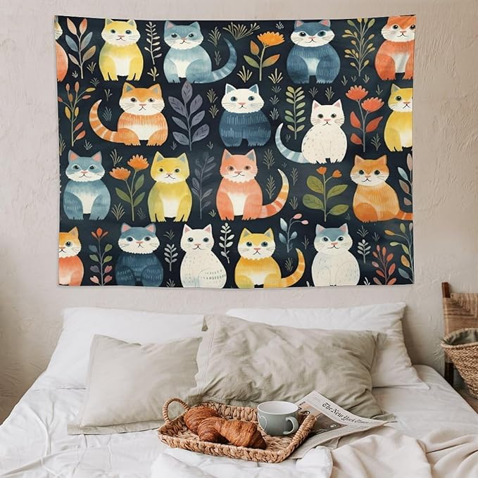 VUMIVI Cartoon Abstract Cat Tapestry Fun Cute Animals Plants Bohemian Modern Art Color Illustration Tapestry Wall Hanging for Living Room Bedroom Dorm Classroom Aesthetic Decor W80xL60in