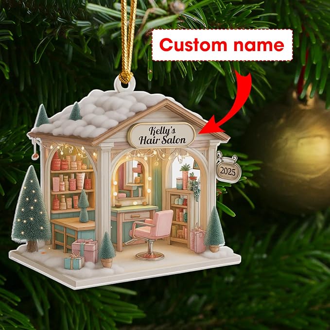 Personalized Hair Salon Christmas Ornament 2025, Flat Acrylic 2D Printed Ornament, Custom Name Hair Stylist Ornament, for Hairdresser, Christmas Tree Decoration