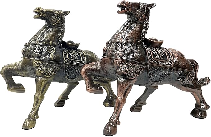 Metal Ornament Galloping Horse Statue Classic Bronze Finish Luxury Home Decor Multi Functional Sculpture for Living Room Office Desk Feng Shui Art with Set of 5 Lucky Charm Ancient Coins (D4 Brass)