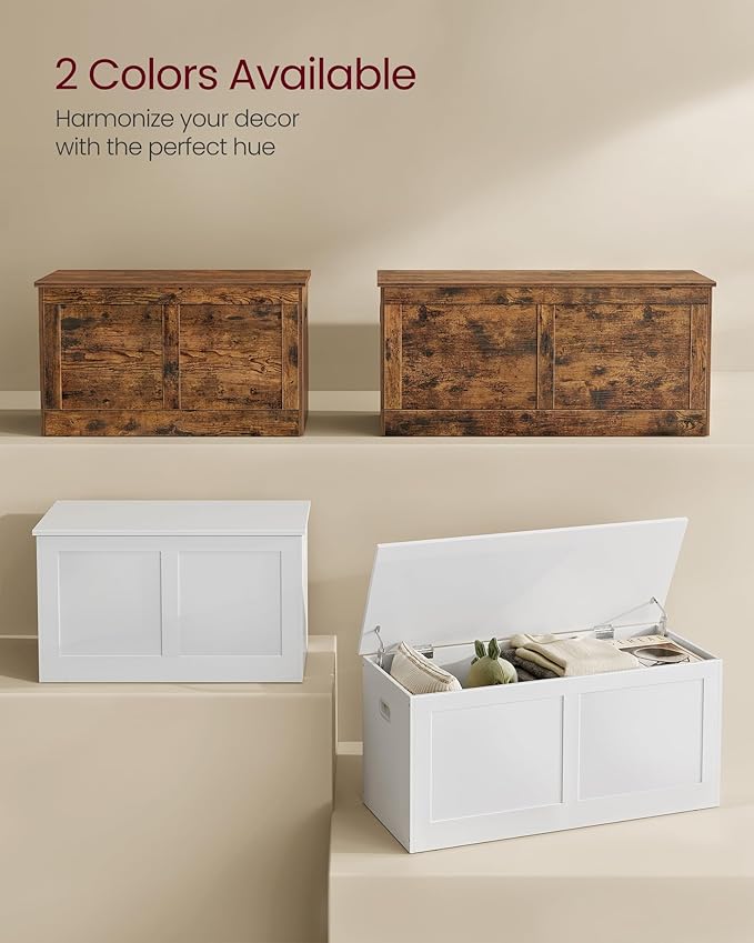 VASAGLE Storage Chest, Storage Trunk with 2 Safety Hinges, Storage Bench, Shoe Bench, Farmhouse Style, 15.7 x 39.4 x 18.3 Inches, for Entryway, Bedroom, Living Room, Cloud White ULSB164W01