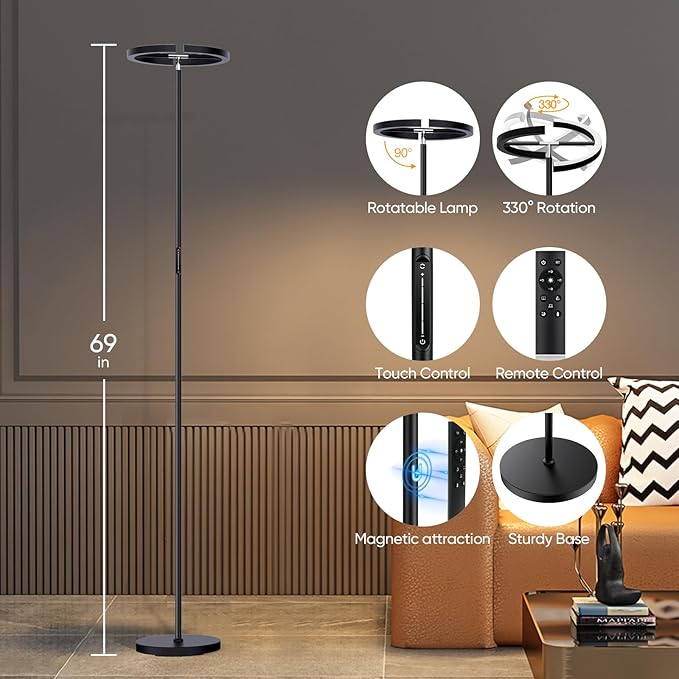 LED Floor Lamp - Rotatable Standing Lamp with Touch & Remote Control, 3000-6000K, 22W Modern Floor Reading Light, Dimmable Corner Uplighter for Living Room Bedroom Office, Black