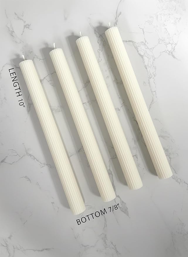10" Candle Sticks, Ribbed Taper Candles, Ivory, 4-Pack, Unscented