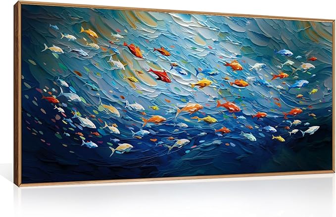 CHDITB Ocean Fish Framed Canvas Wall Art, 20"X40" Large Under The Sea Fishes Oil Painting, Modern Navy Blue Marine Fish Wall Decor, Colorful Fishes Artwork for Living Room Bedroom Office Home Decor