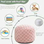 HIGOGOGO Round Stuffed Pouf Ottoman, Plaid Poufs with Foam Chunk Filling, Fluffy and Furry Pouf Foot Stool Storage Ottoman, 26 X 18 Floor Poufs Foot Rest for Living Room, Pink