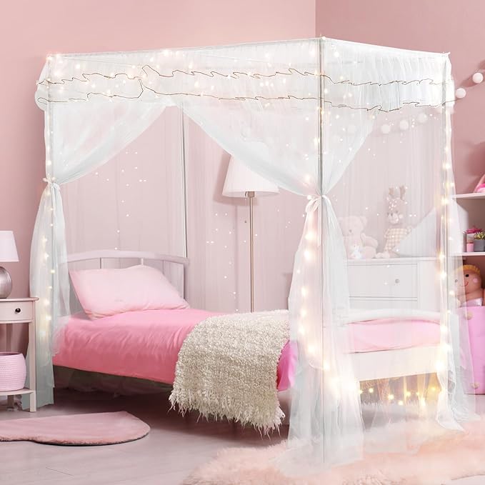 Twin Size Bed Canopy with Lights, Bed Canopy for Girls Princess with Luminous Stars, Canopy Bed Curtains for Twin Bed Kids Indoor Decor Bedroom, 4 Corner Post Bunk Bed for Student Dormitory, White