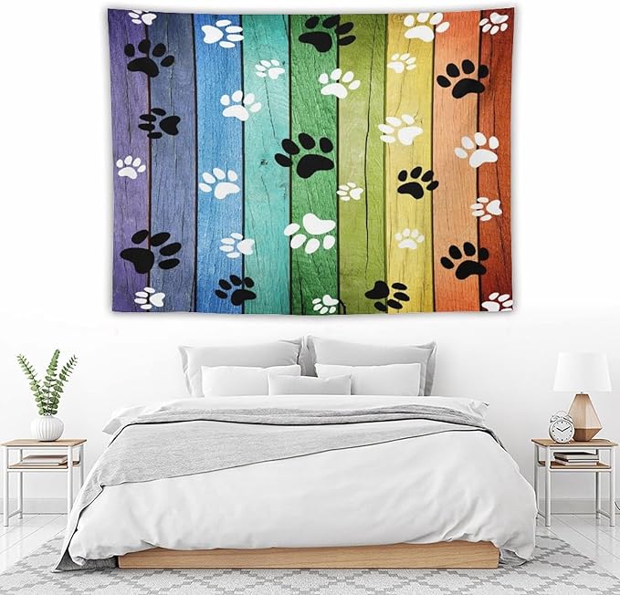 VUMIVI Dog Paw Tapestry Vintage Rustic Colorful Barn Boards Black White Animal Footprints Tapestry Wall Hanging for Living Room Bedroom Dorm Classroom Aesthetic Decor W80xL60in
