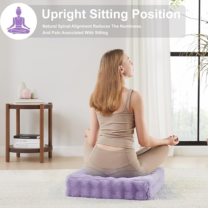 2 Pcs High Density Foam Floor Pillow - Upgraded Large Pillows Seating for Adults - Outdoor Floor Cushion with Soft Tufted Cover - Yoga Pillows for Sitting On Floor - 22 Inch Light Purple