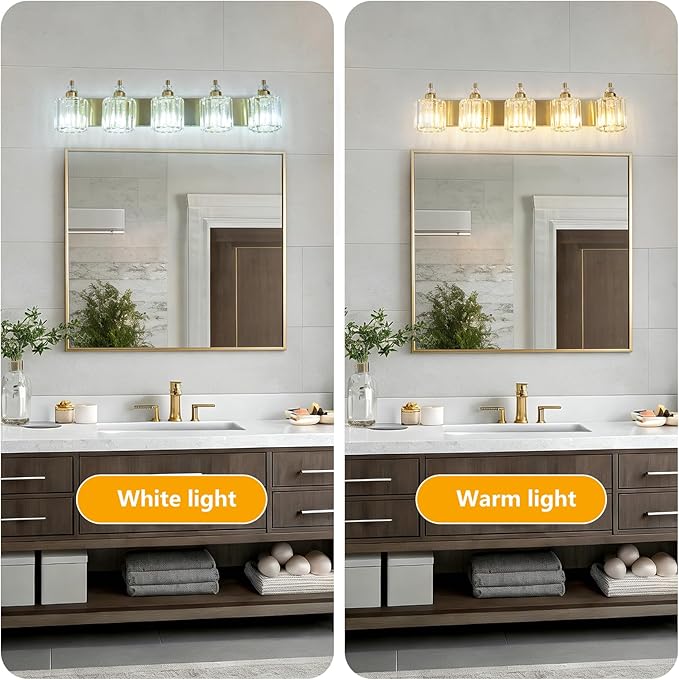 5-Light Modern Vanity Lights Brushed Brass Bathroom Light Fixtures Over Mirror Gold Bathroom Vanity Lighting with Crystal Shade E26 Base Wall Sconce for Bedroom Living Room Restroom Wall Lamp