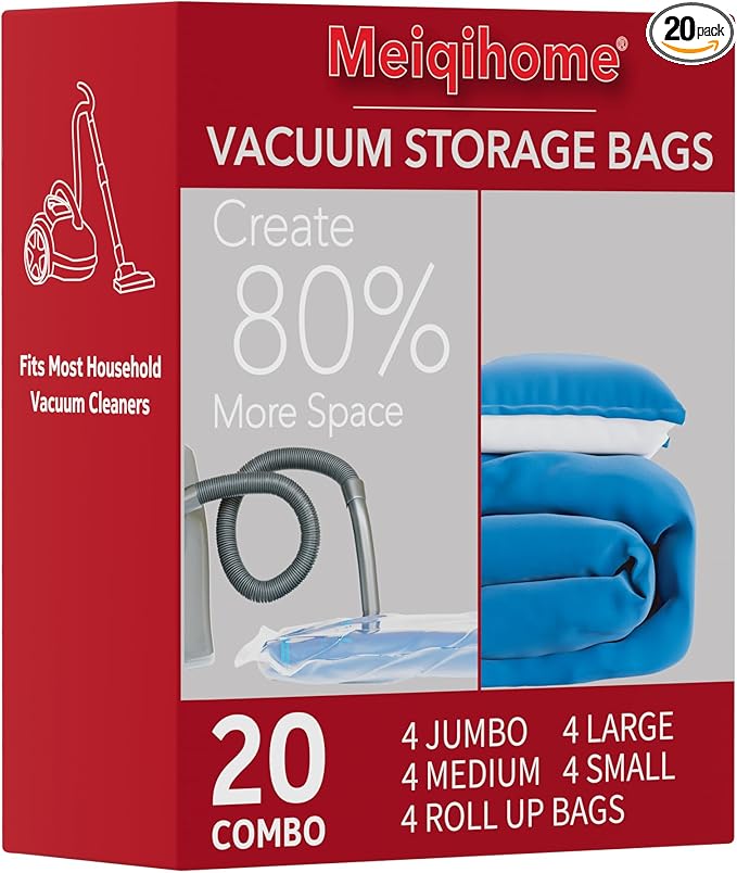 Vacuum Storage Bags 20 Combo (4 Jumbo/4Large/4 Medium/4 Small/4 Roll), Plastic Packaging Bags,Space Saver Sealer Bags for Clothes, Pillows, Comforters, Blankets, Bedding