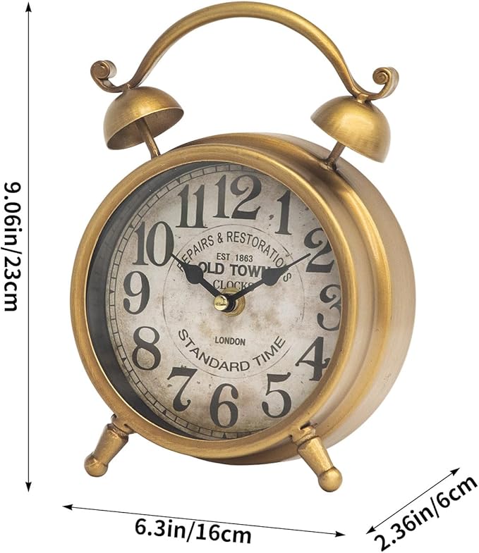 Antique Gold Table Clock for Living Room Decor, Rustic Farmhouse Desk and Shelf Clock, Silent Non-Ticking Mantel Clock for Bedroom, Living Room, Kitchen, Battery Operated