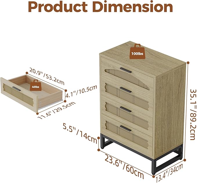 Mericonia 4 Drawer Rattan Dresser for Bedroom, Wood Tall Dresser for Closet with Metal Handles, Boho Nightstand Sets, Dressers & Chests of Drawers for Bedroom, Hallway and Entryway, Oak