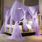 VETHIN 4 Corners Post Princess Bed Canopy Curtain Double Layer Cozy Drape Netting 4 Opening Mosquito Net for Girls & Adults Bedroom Decoration Accessories (Double Purple, 47" W*78" L*82"*H/Twin)