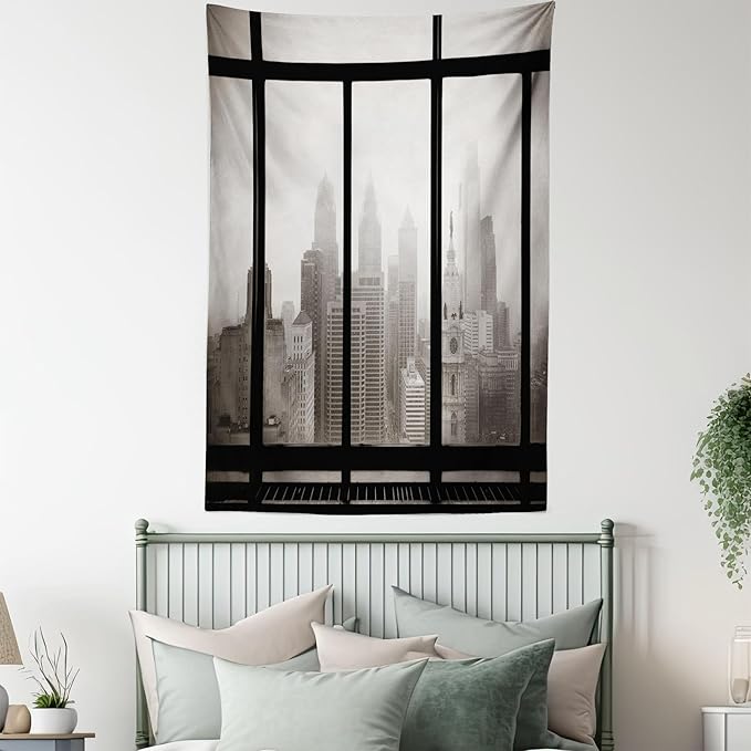 Ambesonne City Tapestry Queen Size, Philadelphia City Rooftop View Through Window Skyline Landmark Rooftop Travel, Wall Hanging Bedspread Bed Cover Wall Decor, 88" X 88", Grey Black