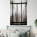 Ambesonne City Tapestry, Philadelphia City Rooftop View Through Window Skyline Landmark Rooftop Travel, Fabric Wall Hanging Decor for Bedroom Living Room Dorm, 30" X 45", Grey Black