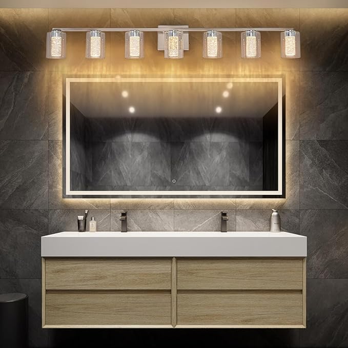 SineRise 7-Light Brushed Nickel Vanity With 3 Color Modes (3000K/4000K/6000K), Eye Protection LED Bathroom Fixture, Dimmable Modern Wall Light Over Mirror With Clear Glass Shade