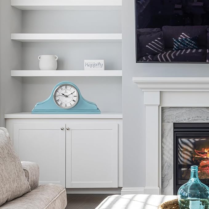 Mantel Clock Battery Operated - Wooden, Rustic Teal Mantle Clock for Living Room Decor Above Fireplace Mantel, Office, Shelf & Home Décor Gift 15x7.5 - Silent Wood Mantel Clock for Living Room Table
