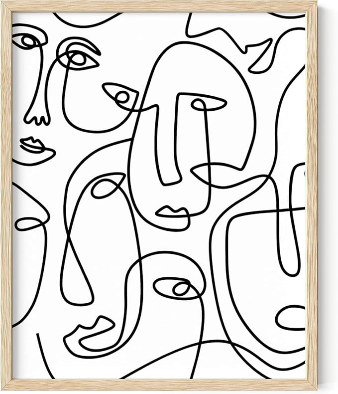 Abstract Face Pattern Wall Art Collage of Modern Faces Continuous Line Drawing 16x20 Inch Oak Wood Beige Framed Artistic Aesthetic Print for Living Room