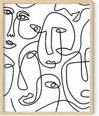 Abstract Face Pattern Wall Art Collage of Modern Faces Continuous Line Drawing 16x20 Inch Oak Wood Beige Framed Artistic Aesthetic Print for Living Room