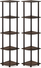 Furinno TURN-N-TUBE Corner Shelf Set of 2, 5-Tier Corner Bookshelf, Open Storage Shelves, for Organization and Storage, Living Room, Home Office, Garage, Walnut