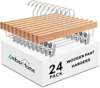 Amber Home 24 Pack Natural Wooden Pants Hangers with Clips, Wood Skirt Hangers Trouser Hangers for Jeans, Slacks, Shorts with 2-Adjustable Clips