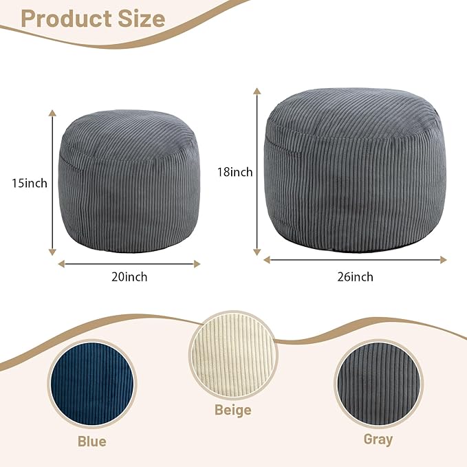 Round Stuffed Pouf Ottoman,Corduroy Foot Rest with Rebound Foam Filled, Furry and Fluffy Foot Stool Ottoman, Floor Poufs for Living Room (Gray, 20" D x 20" W x 15" H)