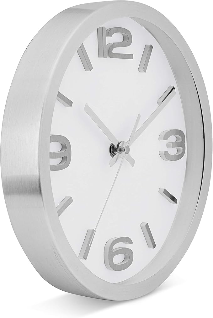 Bernhard Products Modern Wall Clock 10 Inch Silver Silent Non Ticking Battery Operated Round Elegant Metal Quality Quartz for Kitchen Home Office Clock with 3D Numbers, Easy to Read