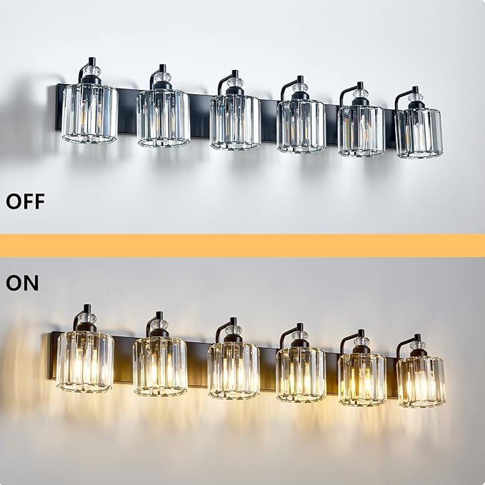 6-Light Black Bathroom Light Fixtures Over Mirror Modern Vanity Lights Crystal Wall Sconce Vintage Bathroom Lighting with Crystal Shade E26 Base for Bedroom, Living Room, Hallway