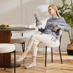 Dining Chairs Set of 2, Mid Century Modern Boucle Upholstered Kitchen Chair with Curved Backrest & Metal Legs for Home/Living Room/Bedroom/Office-White