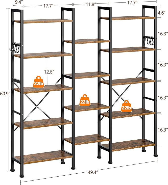 Furologee Triple 5 Tier Bookshelf, Bookcase with 14 Open Display Shelves, Wide Etagere Book Shelf, Industrial Shelving Units for Home Office, Living Room, Bedroom, Rustic Brown
