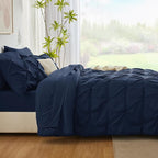 CozyLux Oversized King Comforter Sets Navy Blue, 7 Pieces Oversized King Pintuck Bed in A Bag, Pinch Pleat Bedding Sets with All Season Comforter, Flat Sheet, Fitted Sheet, Pillowcases & Shams