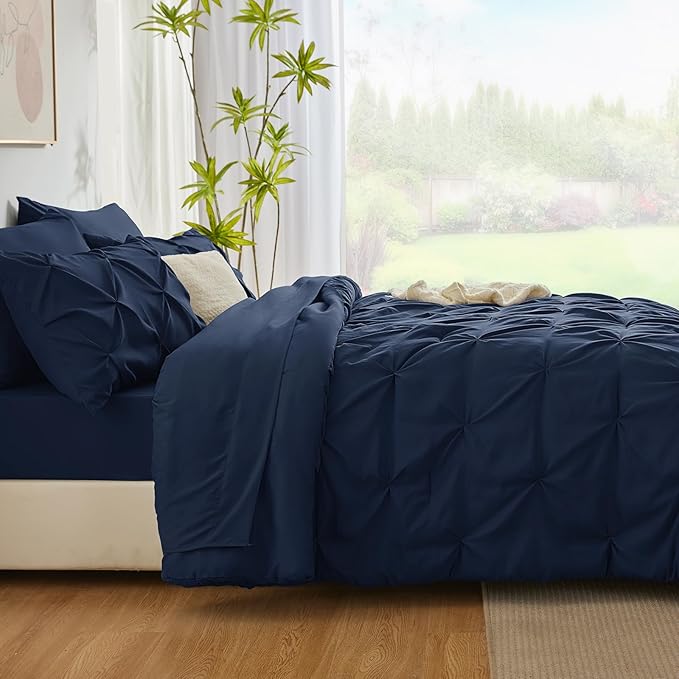 CozyLux Oversized King Comforter Sets Navy Blue, 7 Pieces Oversized King Pintuck Bed in A Bag, Pinch Pleat Bedding Sets with All Season Comforter, Flat Sheet, Fitted Sheet, Pillowcases & Shams
