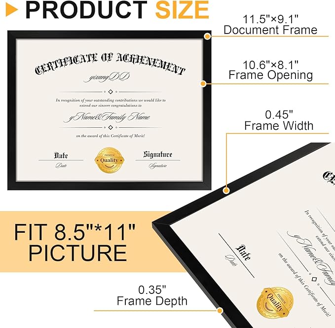 YixangDD 8 PACK Certificate Frames 8.5 x 11, Black Diploma Frame Document Frame with Clear Plexiglass, Picture Frames for Tabletop and Wall Display