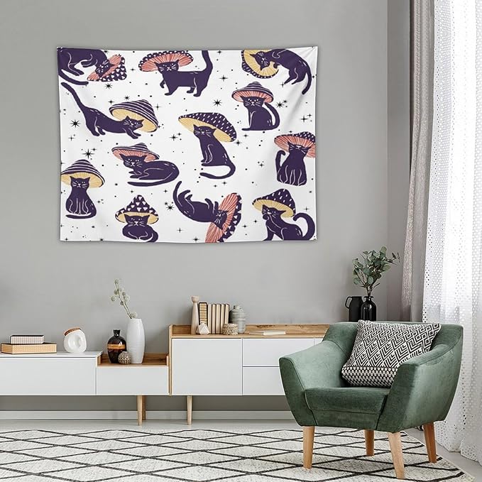 VUMIVI Funny Cat Mushroom Tapestry Retro 70s Hippie Style Cute Black Kitten Star Aesthetic Art Print Tapestry Wall Hanging for Living Room Bedroom Dorm Classroom Aesthetic Decor W40xL30in
